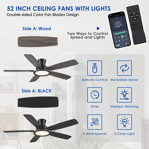 52 Inch Flush Mount Ceiling Fan In Matte Black With Rgb Lighting And Led 3Cct Dimmable Bulbs featuring double-sided wood and black fan blades.