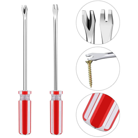 3-Piece Nail Puller Pliers Set With 7Inch End-Cutting Plier And 6Inch U/V Tip showing two red-handled tack lifters.