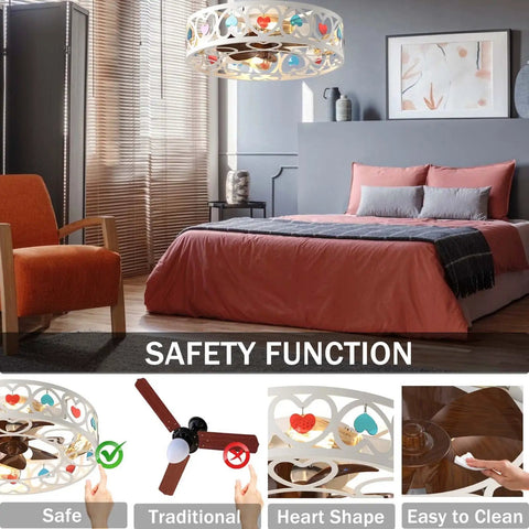 Low Profile Caged Ceiling Fan With Lights Remote Control in modern bedroom, flush mount, heart-shaped design, quiet for sleep comfort
