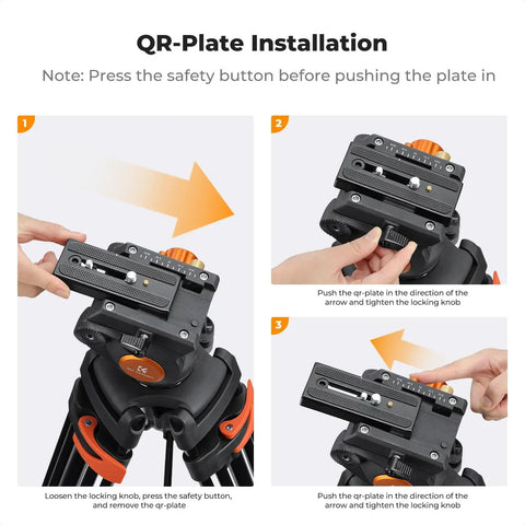 QR-Plate installation steps for 80 Inch Aluminum Fluid Head Video Tripod With Quick Release Plate