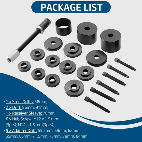 Front Wheel Drive Bearing Removal Kit With 19 Piece Hub Bearing Puller And Installation Adapters for on-vehicle service