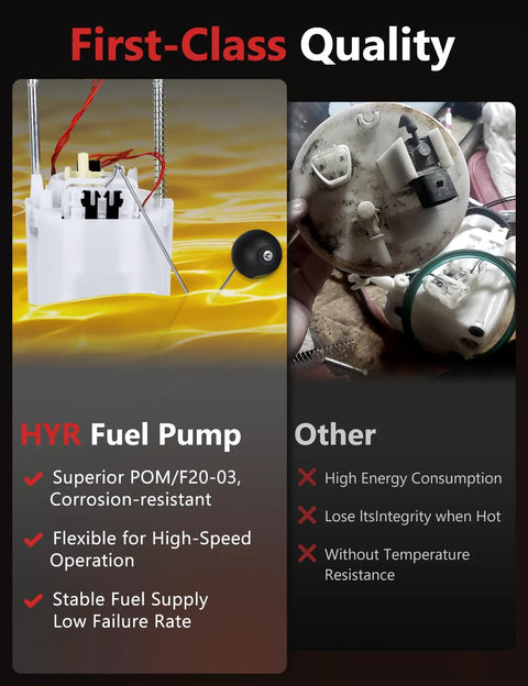 Comparison of HYR fuel pump assembly with competitor, highlighting features for Chevy GMC Cadillac SUVs 2009-2014.