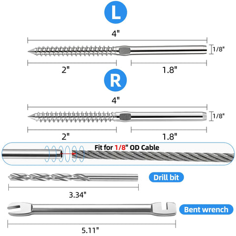 Diagram of 80 Pack T316 Stainless Steel Left And Right Handed Swage Lag Screws For Wood Posts DIY Baluster Hardware Kit For One Eighth Inch Cable Railing Wrench Included Heavy Duty Outdoor Deck Rail Hardware showing dimensions and components.