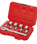 Top Shelf Ten Piece Mechanics Tool Set With Three Eighth Inch Drive Ninety Tooth Low Profile Ratchet Full Polish Chrome Sae Sockets Six Point Grip Lifetime Warranty Built Tough For Everyday Garage Grinds in red case.