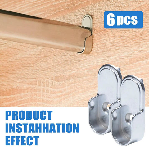 Six Piece Oval Closet Rod End Supports 15mm By 30mm Built Tough Heavy Duty Wardrobe Bracket Metal Rod Holders With Rear Facing 6.5mm Pins For Easy Rugged Closet Pole Installation And Long Lasting Use. 6 pcs on wood panel