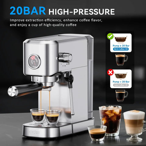 Compact 20 Bar Espresso Machine With Milk Frother Stainless Steel Coffee Maker For Cappuccino And Latte 42 Oz Water Tank Visible Pressure Gauge Ideal For Home And Office Use Silver