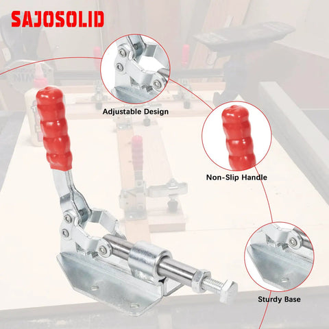 Two Pack Quick Release Push Pull Toggle Clamp Set Model 36092 With Adjustable Spindles, 1.26 Inch Stroke, 5.26 Inch Overall Length, Includes 8 M5 Screws, Super Handy For Hand Tool Projects And Quick Fixturing. steel toggle clamp with red handle and adjustable spindle