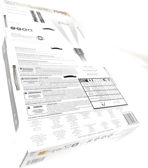 Back of Ultra Bright 7000 Lumen Dual Power Flashlight packaging showing specifications and warnings.
