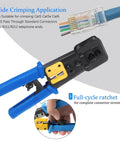 RJ45 Crimp Tool Kit For Cat6 Cat5e Cat5 Ethernet With Pass Through Connectors, side view with wire and crimp tool visible