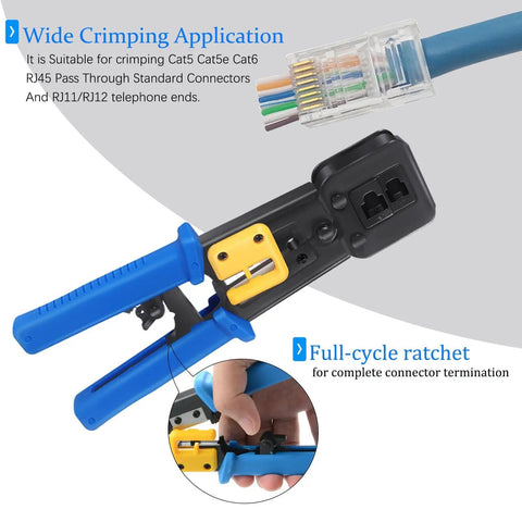 RJ45 Crimp Tool Kit For Cat6 Cat5e Cat5 Ethernet With Pass Through Connectors, side view with wire and crimp tool visible