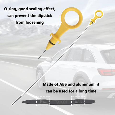 Audi A4 A5 Quattro 2.0T Oil Dipstick Replacement OEM 06H115611E with yellow handle and sealing O-ring, for 2009-2017 models