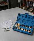 Score This Killer Acrylic Router Base With Centering Pin And Bang For Buck Ten Piece Brass Guide Bushing Set 10mm To 30mm Comes With Nifty Storage Case showing blue case and brass bushings.
