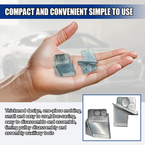Hand holding 2 piece stretch belt mate kit with metal belt remover and installer tools for serpentine belts, universal car accessories