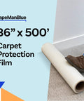 36 Inch By 500 Foot Self Adhesive Carpet Protector Film For Construction shown with boot applying film on carpeted floor