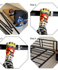4 Pack 1-1/4 Inch Bed Frame Rail Clamps And Connectors Heavy Duty Zinc Plated Hardware installation steps with gloves and tools.