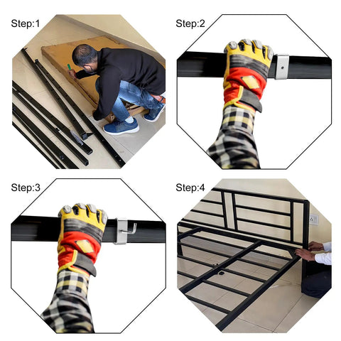 4 Pack 1-1/4 Inch Bed Frame Rail Clamps And Connectors Heavy Duty Zinc Plated Hardware installation steps with gloves and tools.