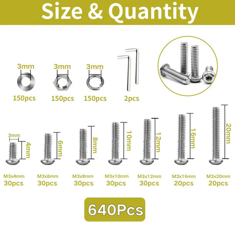 Kickass M3 Button Head Socket Cap Screw Kit With Badass Assortment Of 304 Stainless Steel Machine Bolts Nuts And Washers Includes Precision Hex Wrench, 640pcs variety of screws and nuts.