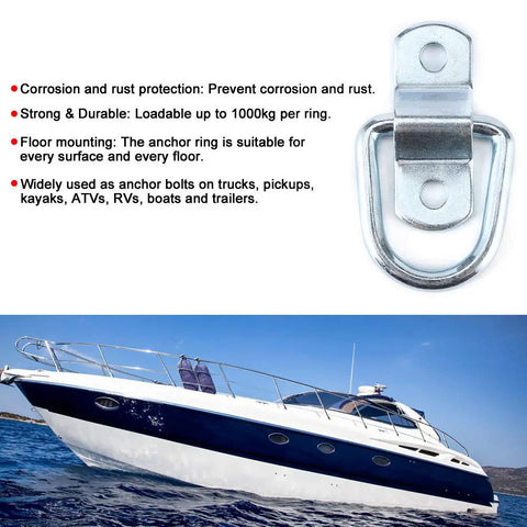 Rock Solid Forged Iron D Rings Eight Piece Heavy Duty Tie Downs Rig Ready for secure anchoring on boat decks and trailers.
