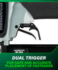 Dual trigger on Lightweight 23 Gauge Headless Pin Nailer For Cabinets Trim And Crafting Slick Pro Grade Pneumatic Nailer