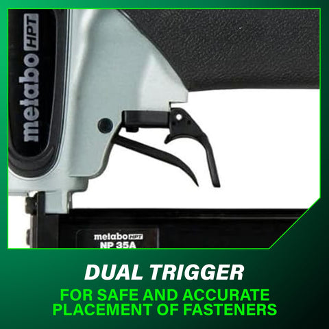 Dual trigger on Lightweight 23 Gauge Headless Pin Nailer For Cabinets Trim And Crafting Slick Pro Grade Pneumatic Nailer