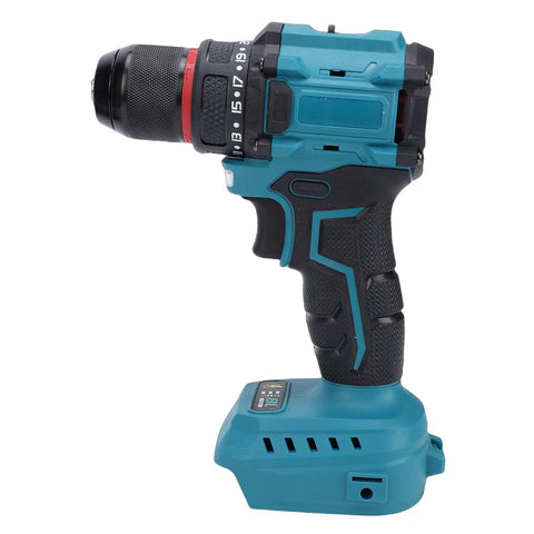 Beefy Cordless Drill Featuring Brushless 20 Volt Motor And 3/8 Inch Keyless Metal Chuck, side view with ergonomic grip and battery.