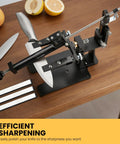 Premium Precision Knife Sharpening System With Adjustable Angle Guide Pro Grade Sharpening Kit Featuring Five Diamond And Ceramic Stones For Kitchen Hunting And Pocket Carry Delivers Razor Sharp Edges Every Time, shown on a table.