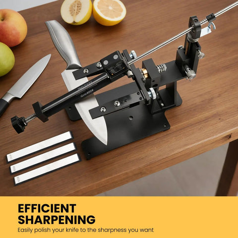 Premium Precision Knife Sharpening System With Adjustable Angle Guide Pro Grade Sharpening Kit Featuring Five Diamond And Ceramic Stones For Kitchen Hunting And Pocket Carry Delivers Razor Sharp Edges Every Time, shown on a table.