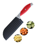 Crinkle cutter knife with red rubber handle and stainless steel wavy blade for fries and vegetables.