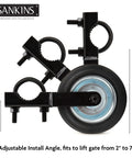 Gate Helper Wheel For 6 Inch Gate Support With Metal Swing Gates Fits 1 To 2 Inch Frames, showing adjustable angle setup.