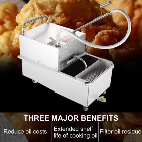 Heavy Duty 38L Commercial Oil Filtration Speed System For Deep Fryers, stainless steel filter machine with wheels and handle.