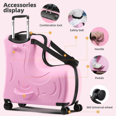 N-A Kids Ride-On Luggage by Amazon: pink suitcase with wheels, retractable handle, safety belt, and pedals