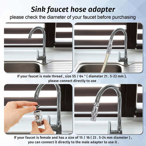 Sink To Hose Adapter Solid Brass 360 Degree Swivel Quick Connector for Kitchen and Bathroom Sinks shown in installation steps