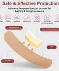Front view of adhesive bandage diagram showing beige fabric strip with yellow adhesive, TPU film and absorbent pad