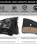Bucklos BL-05S ceramic brake pads with heat dissipation for Bucklos HB-CP4 and Shimano brakes, compatible models shown