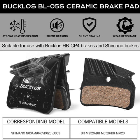 Bucklos BL-05S ceramic brake pads with heat dissipation for Bucklos HB-CP4 and Shimano brakes, compatible models shown