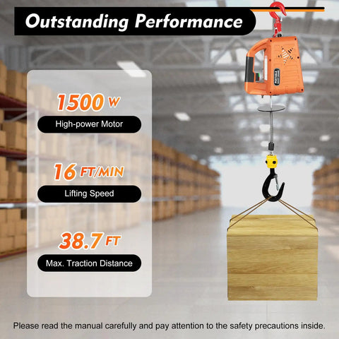 Heavy Duty Electric Hoist Winch With Wireless Remote 110V 1500W Pro Grade Lift Up To 1100 Lbs At 16 Ft Per Min 25 Ft Cable For Garage And Shop Lifting Jobs orange hoist lifting wood crate