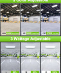 Premium Led Linear High Bay Light Packing Kickin Sixty Thousand Lumens Of Rock Solid Commercial Shop Illumination For Warehouses And Garages Featuring Adjustable Wattage Levels And Tough ETL Industrial Build Quality, showcasing color and wattage settings.
