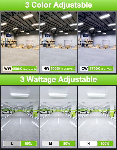 Premium Led Linear High Bay Light Packing Kickin Sixty Thousand Lumens Of Rock Solid Commercial Shop Illumination For Warehouses And Garages Featuring Adjustable Wattage Levels And Tough ETL Industrial Build Quality, showcasing color and wattage settings.