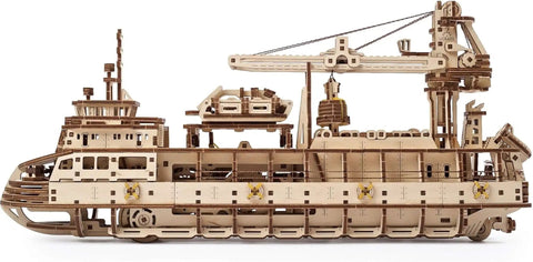 Research Vessel Mechanical Model Kit For Grownups 3D Wooden Puzzle With Rubber Band Motor Pendulum Regulator And Gear System Recreating Diesel Engine Rhythm For Brain Teaser Hobby And Home Decor, side view