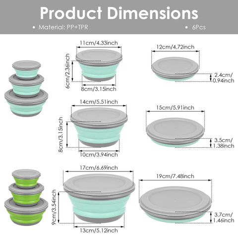Dimensions of Collapsible Silicone Camping Bowl Set With Lids 6 Pack Food Grade Foldable Outdoor Tableware with labeled sizes