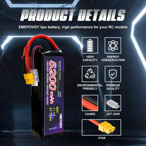 11.1V 3S 5200mAh 80C RC LiPo Battery Pack With XT60 Connector Soft Case in front of product details graphic