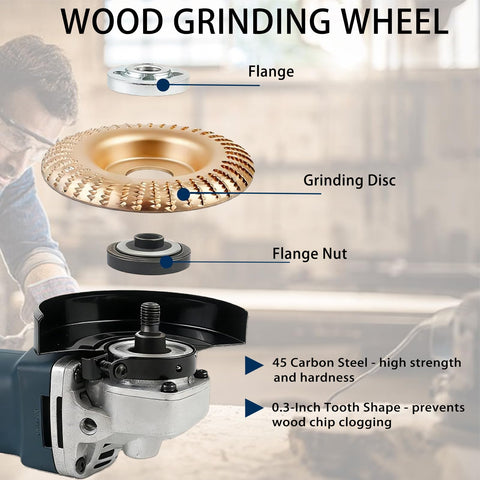 All In One Angle Grinder Wood Carving Disc Set For Four And A Half Inch Grinders With Five Eighths Inch Arbor, showing components