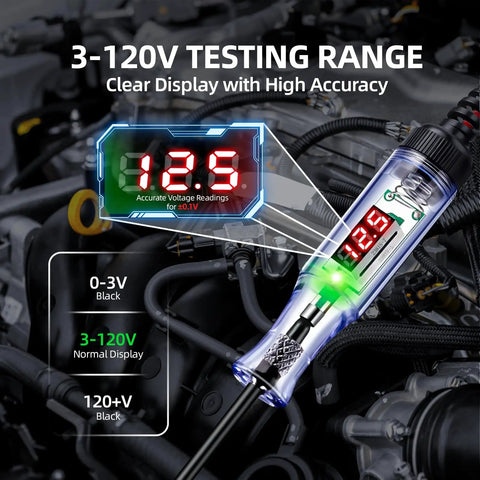 Automotive Test Light With 3 To 120V LED Digital Display And Dual Color Polarity Indicator, Pro Grade Electrical Test Pen With Sharp Steel Probe For Cars, RVs, Fuses And Electrical Troubleshooting on engine wiring