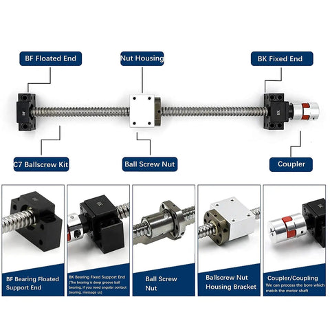 SFU3210 32 Mm Ball Screw Kit C7 Anti Backlash With Slick Metal Nut Bracket Supports And Quick Mount Flex Coupler For Smooth Cnc Router Rig 520 Mm Length 10 Mm Lead assembly with coupler and nut housing.