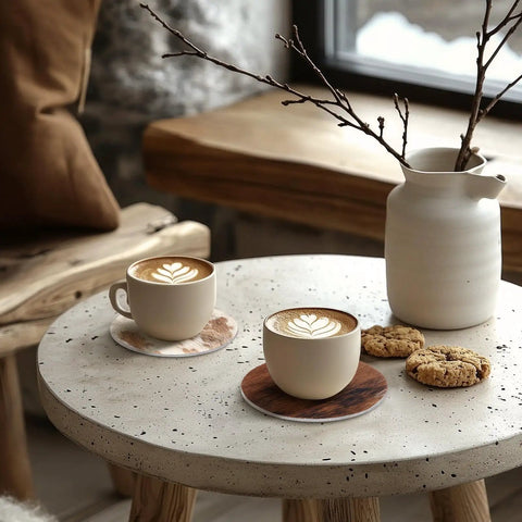 Premium Round Cowhide Coasters Set Of Twelve Natural Leather Drink Mats, two cups of coffee on stone table with cookies.