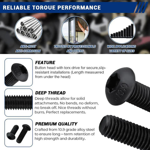 100 Pcs M5 Button Head Torx Screws Black Oxide Grade 10.9 High Strength Alloy Steel M5-0.8 X 12Mm fasteners with deep threads and premium quality.