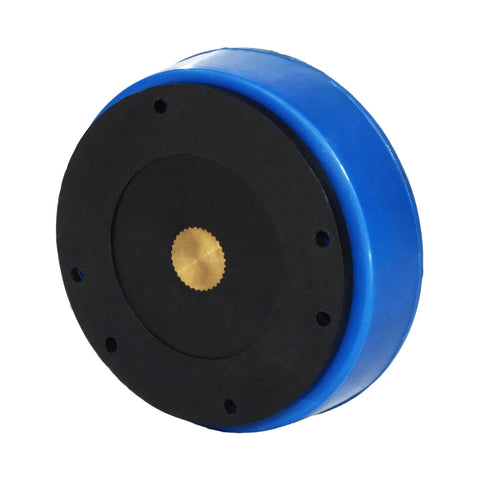 Blue magnetic base indicator back holder for 1-inch dial indicator with black face and brass center hub