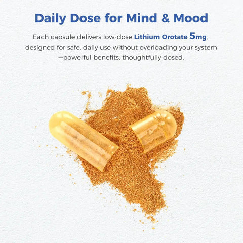 Open capsule of Lithium Orotate 5mg 13 In 1 Daily Balance Supplement With Magnesium Glycinate on powder background