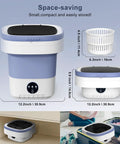 Super Ultra Compact Portable Mini Washing Machine With Rapid Spin Basket, featured dimensions and details for storage in dorms or RVs.