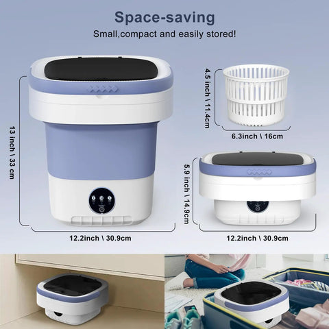 Super Ultra Compact Portable Mini Washing Machine With Rapid Spin Basket, featured dimensions and details for storage in dorms or RVs.